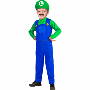 Disfraz de Super Luigi para niño, con overol azul, camisa verde, guantes blancos, bigote y sombrero verde con la letra "L".