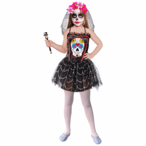 Disfraz de Catrina Calavera para niña con vestido negro de falda de tul y estampado de calavera de azúcar, y cintillo con flores