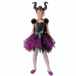 Disfraz de Maléfica Tutú para niña con vestido negro y morado, y vincha de cuernos