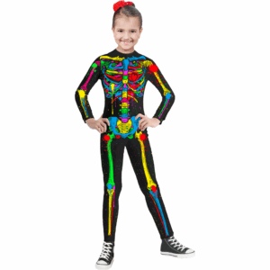 Disfraz de Calavera Psicodélica para niña con enterizo negro de esqueleto multicolor neón