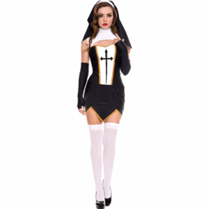 Disfraz de Monja sexy para adulta con vestido corto negro, cruz blanca, guantes y velo
