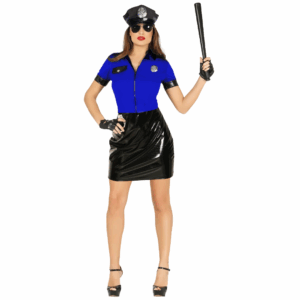 Disfraz de Policía Americana para adulta con camisa azul, falda negra de charol y gorra de policía