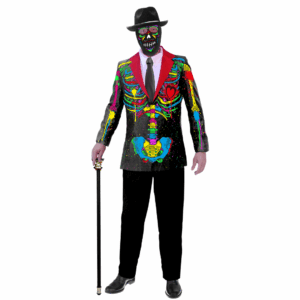 Disfraz Dead Man unisex para adulto con chaqueta negra estampada con esqueleto de colores neón y máscara de calavera