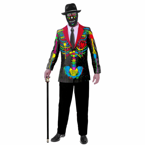 Disfraz Dead Man unisex para adulto con chaqueta negra estampada con esqueleto de colores neón y máscara de calavera