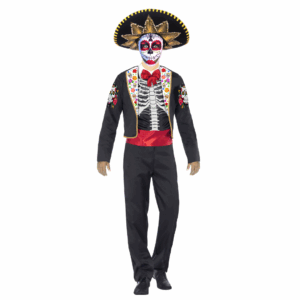Disfraz de Catrino para adulto con chaqueta de mariachi, franela de esqueleto, sombrero charro y cinturón