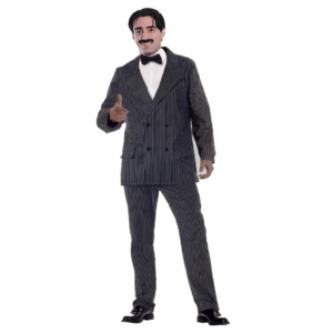 Disfraz de Gómez Addams para adulto con traje a rayas gris, camisa blanca y lazo negro