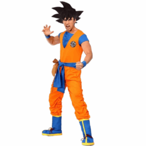 Disfraz de Goku para adulto con enterizo naranja, detalles azules, símbolo "Go" y cinturón