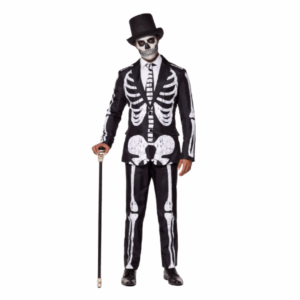 Disfraz de esqueleto elegante para adulto con chaqueta negra estampada con huesos y máscara de calavera