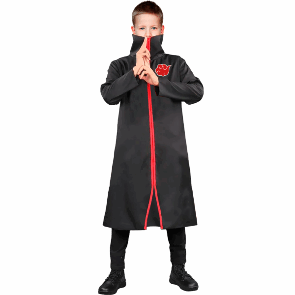 Disfraz de Akatsuki para niño con túnica negra, cuello alto y nubes rojas