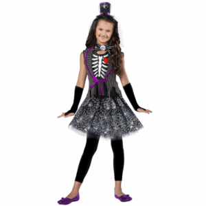 Disfraz de Calavera Elegante para niña con vestido gótico de rayas y esqueleto, y mini sombrero de copa