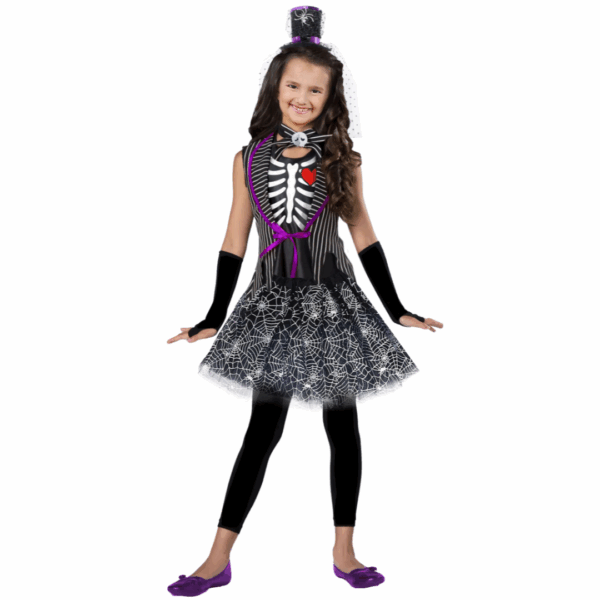 Disfraz de Calavera Elegante para niña con vestido gótico de rayas y esqueleto, y mini sombrero de copa