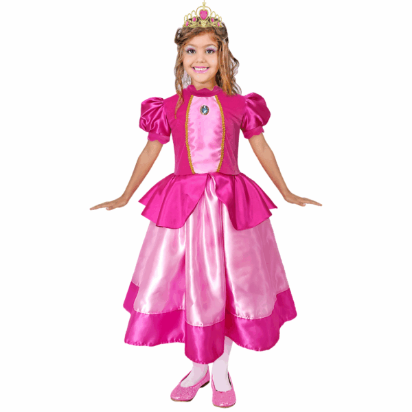 Disfraz de Princesa Peach para niña, con vestido largo rosado, corpiño con detalles dorados y joya, y corona dorada.