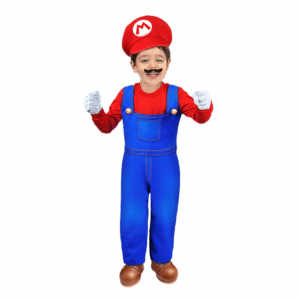 Disfraz de Super Mario para bebé o niño, con overol azul, camisa roja y gorro rojo con la letra "M"