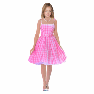 Disfraz de Muñeca Rosada para niña, con vestido midi de cuadros vichy rosa, cuello cuadrado, tirantes con lazos y cinturón a juego.