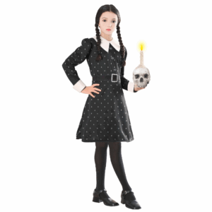 Disfraz de Merlina Fashion para niña con vestido negro estampado de calaveras y cinturón