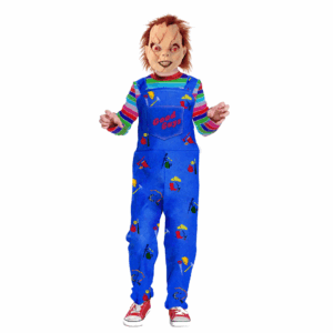 Disfraz de Chucky para niño con overol azul, franela a rayas y máscara de terror