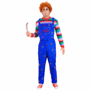 Disfraz de Chucky para adulto con overol azul "Good Guys" y suéter a rayas de colores