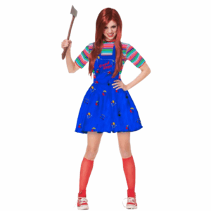 Disfraz de Chucky para adulta con vestido overol azul "Good Guys" y camiseta a rayas de colores