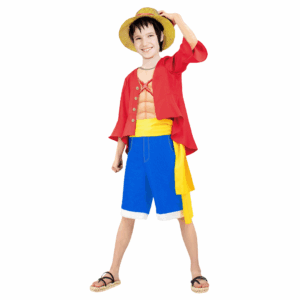 Disfraz de Monkey D. Luffy de One Piece para niño con pantalón azul, camisa roja, chaqueta roja, cinturón amarillo y sombrero de paja