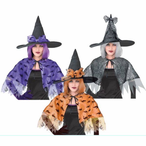 Poncho corto de bruja con diseño de murciélagos o telarañas y sombrero de pico para disfraz de adulto
