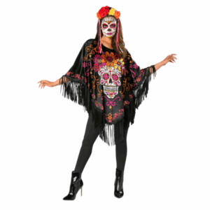 Poncho negro con diseño de calavera de Catrina floral y flecos para disfraz de adulto