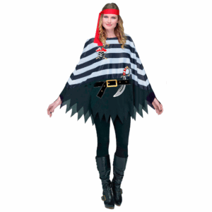 Poncho de pirata a rayas blancas y negras con diseño de calavera y flecos para disfraz de adulto