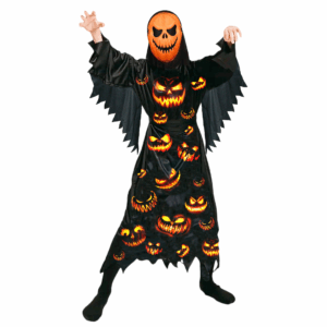 Disfraz de calabaza fantasma para niño con bata negra estampada y máscara naranja