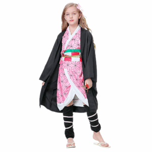 Disfraz de Nezuko Kamado para niña con kimono rosa, túnica negra, faja y polainas