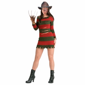 Disfraz de Freddy Krueger para adulta con vestido a rayas rojo y verde, y guante con cuchillas