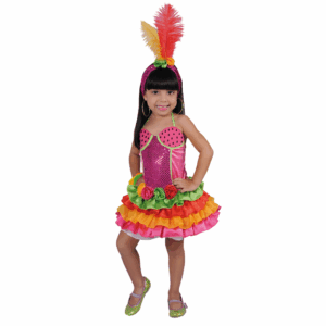 Disfraz de rumbera tropical para niña con vestido multicolor y vincha con plumas