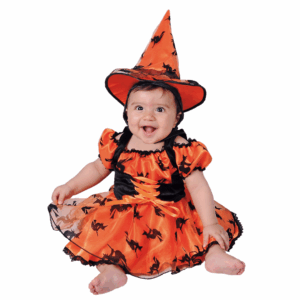 Disfraz de brujita naranja para bebé con vestido y sombrero