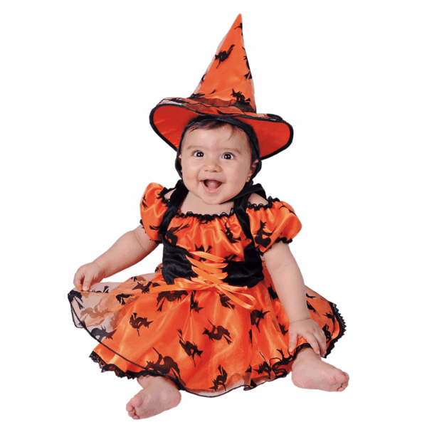 Disfraz de brujita naranja para bebé con vestido y sombrero