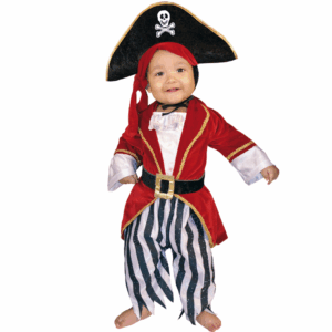 Disfraz de pirata para bebé niño con chaqueta roja, pantalón a rayas, cinturón y sombrero de calavera