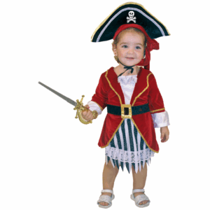 Disfraz de pirata para bebé niña con chaqueta roja, falda a rayas y sombrero de calavera
