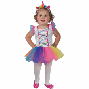 Disfraz de unicornio para bebé con vestido de colores pastel y vincha con cuerno