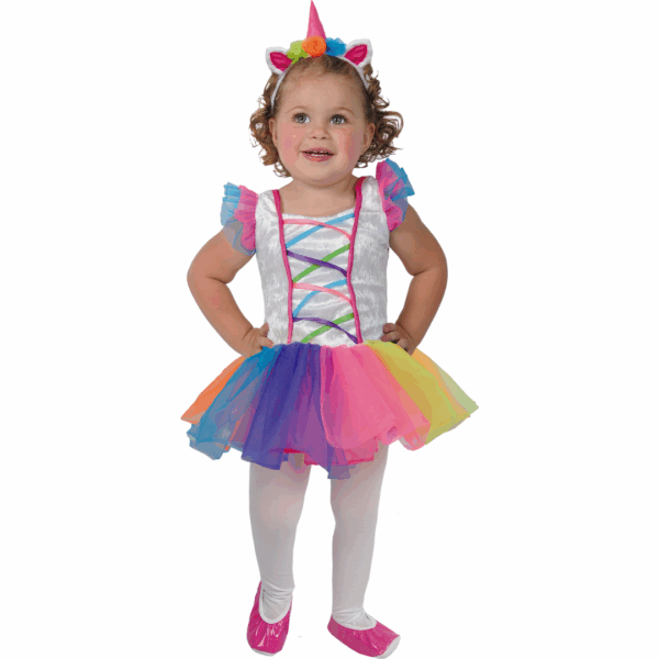Disfraz de unicornio para bebé con vestido de colores pastel y vincha con cuerno