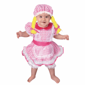 Disfraz de muñeca de trapo para bebé con vestido a cuadros rosados, delantal, pantalón corto y gorro con trenzas amarillas