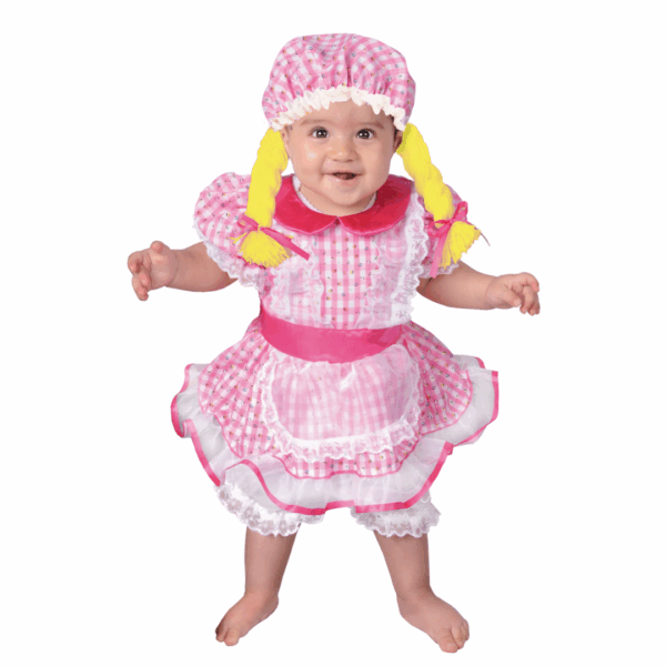 Disfraz de muñeca de trapo para bebé con vestido a cuadros rosados, delantal, pantalón corto y gorro con trenzas amarillas