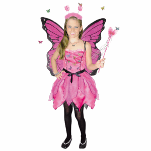 Disfraz de princesa hada mariposa para niña con vestido rosa, alas fucsia, vincha y varita mágica