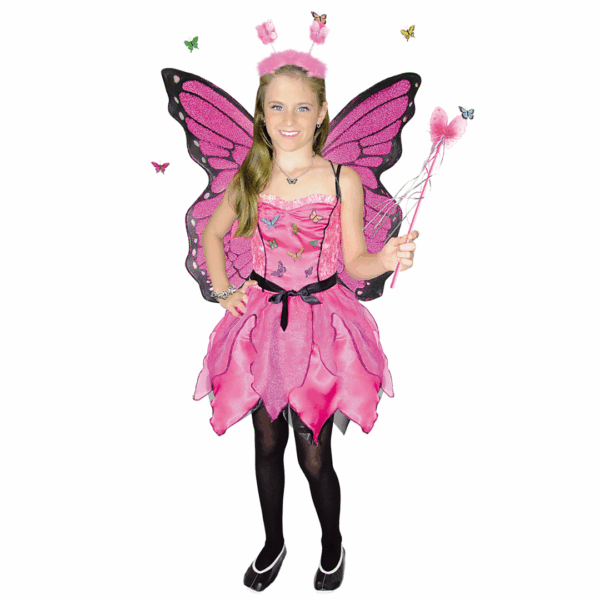 Disfraz de princesa hada mariposa para niña con vestido rosa, alas fucsia, vincha y varita mágica