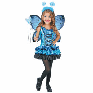Disfraz de mariposa mágica para niña con vestido azul, alas, cetro y vincha
