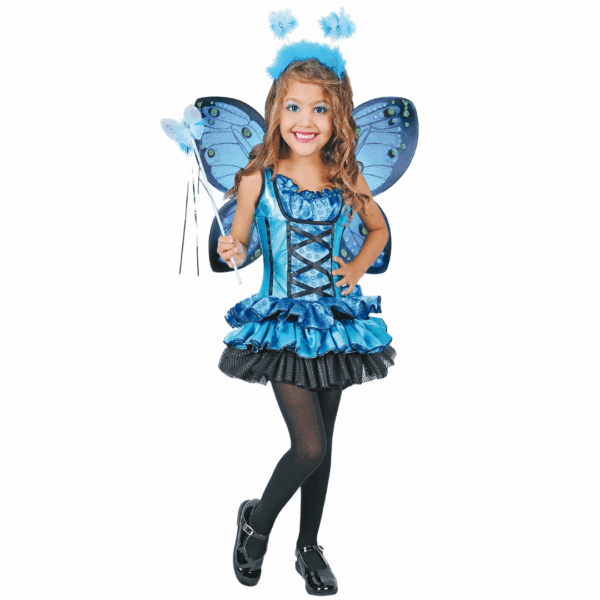 Disfraz de mariposa mágica para niña con vestido azul, alas, cetro y vincha