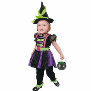 Disfraz de brujita Stichi para bebé con vestido morado, negro y verde, pantalón y sombrero