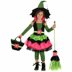 Disfraz de Bruja Spider para niña con vestido verde y rosa, sombrero a rayas y mangas