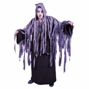 Disfraz de Zombie para adulto con batola gris rasgada y gorro con capucha