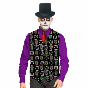 Chaleco de caballero negro con patrón de calaveras de azúcar florales para disfraz de Catrín
