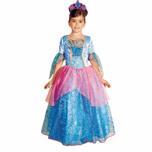 Disfraz de princesa fantasy para niña con vestido azul y rosa, y tiara