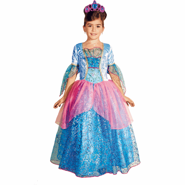 Disfraz de princesa fantasy para niña con vestido azul y rosa, y tiara
