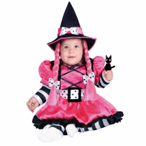 Disfraz de brujita fucsia para bebé con vestido, pantalón y sombrero con trenzas rosadas