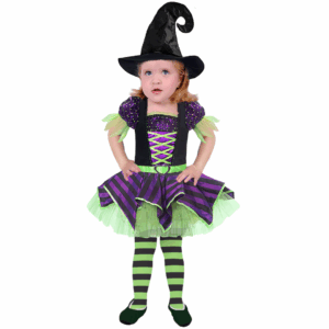 Disfraz de brujita jade bebé con vestido morado, verde y negro, y sombrero puntiagudo